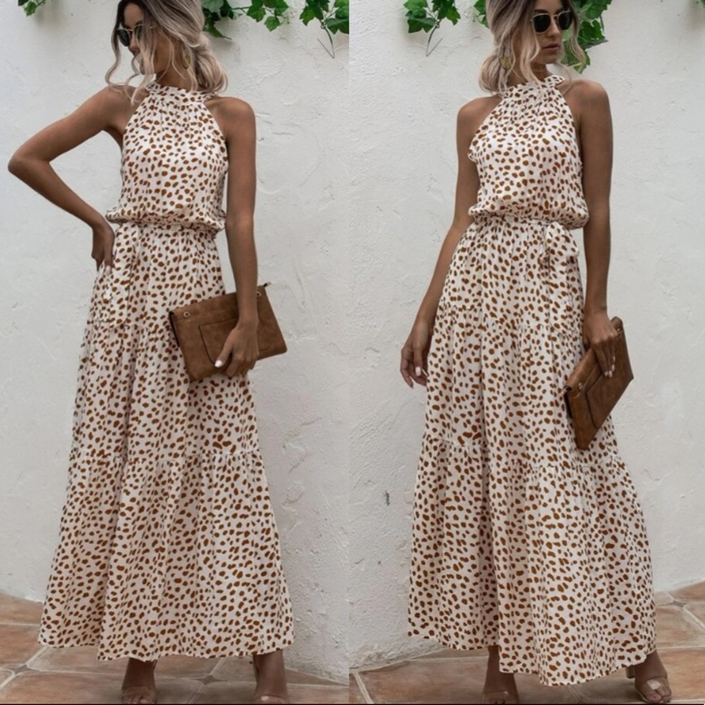 Boho cream with dots belted maxi dress